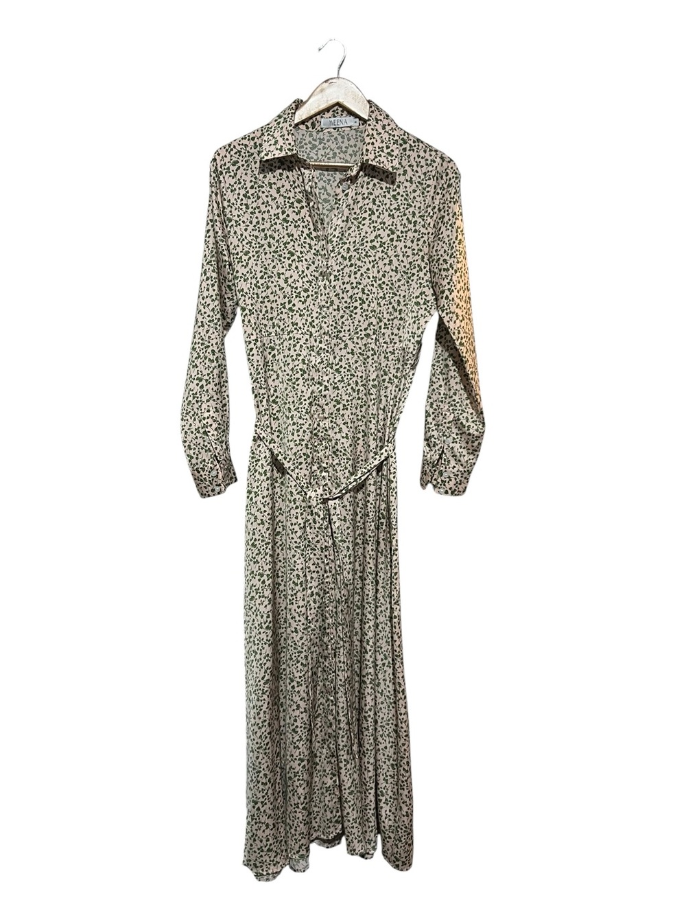 Meena Long Sleeve Floral Shirt Dress Peach Green Women's Size 8 Modest Maxi